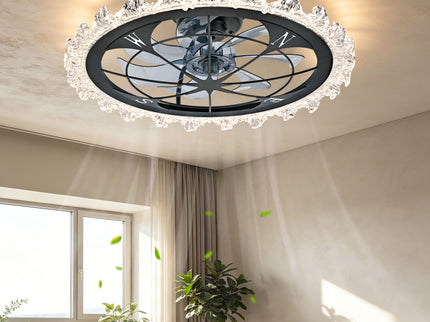 Caged Ceiling Fan With Remote Controlled Dimmable LED Lights, Flush Mount Fan, Low Profile Design - Matte Black