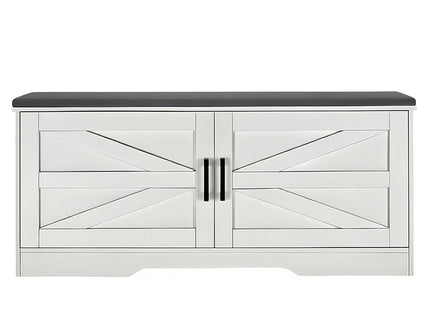 2 Tier Shoe Bench With Padded Seat, 2 Barn Doors And Adjustable Shelves, For Entryway And Living Room - White