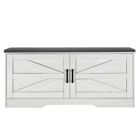2 Tier Shoe Bench With Padded Seat, 2 Barn Doors And Adjustable Shelves, For Entryway And Living Room - White
