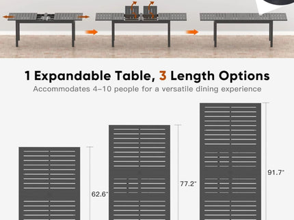 Extendable Outdoor Dining Table, All Weather, Slatted Top, Rust Proof - Gray