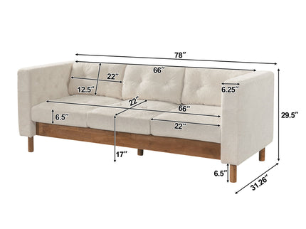 3 Seater Sofa With Square Arms, Tufted Pillow Back For Living Room