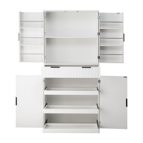 Fluted Kitchen Pantry Cabinet With 3 Keyboard Drawers & 6 Adjustable Door Shelves