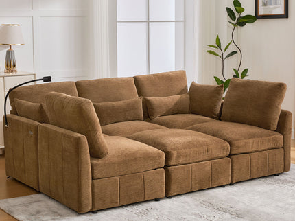 Modern Modular U-Shaped Sofa Bed With Movable Ottoman, USB Ports, Phone Holder