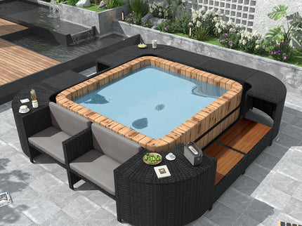 Spa Surround Spa Frame Quadrilateral Outdoor Rattan Sectional Sofa Set With Mini Sofa, Wooden Seats And Storage Spaces