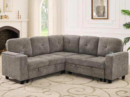 5 Seat Reversible L - Shaped Sleeper Sofa, Pull Out Convertible Sectional Couch With Storage, USB C - Charger, Cup Holders Modular Sofa Bed - Gray