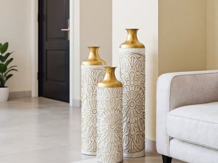 3 Piece Home Decoration Large Glazed Floor Vase Decoration Home Droplet Shaped - Gold / White