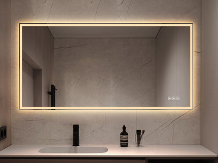 LED Bathroom Vanity Wall Mirror With Straight Edge Design, Frosted Glass Finish, Anti Fog, Dimmable 3 Color Lighting - Silver