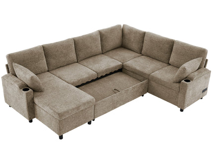 U-Shaped Sectional Sofa Bed With Storage, Charging Ports, And Cup Holders - Brown