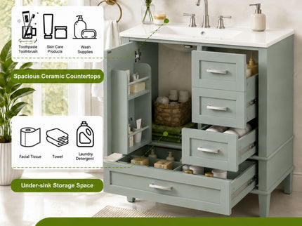Bathroom Vanity With Sink, Soft Closing Door And Drawers - Light Green