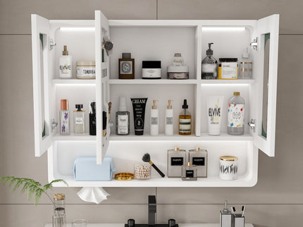 Wall Mounted Bathroom Mirror Cabinet With LED Lights, Anti Fog & Explosion Proof, Touch Control Medicine Cabinet, 3 Color Lighting - White