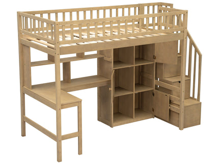 Loft Bed With Built In L Shaped Desk, LED Lights, Storage Shelves, Cabinets, And Staircase