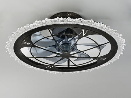 Caged Ceiling Fan & Remote Controlled Dimmable LED Lights, Flush Mount Fan, Low Profile Design - Antique Black