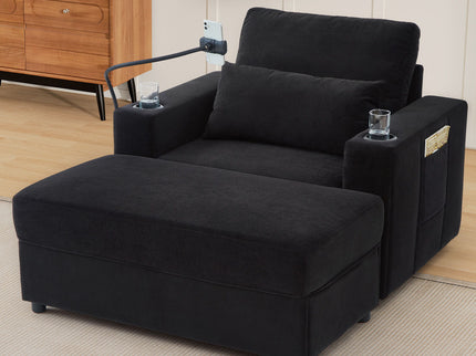 Modern Style Armchair Chaise Lounge Sofa Couch With Movable Storage Ottoman, USB Ports, Cup Holders, Phone Holder, Side Pockets