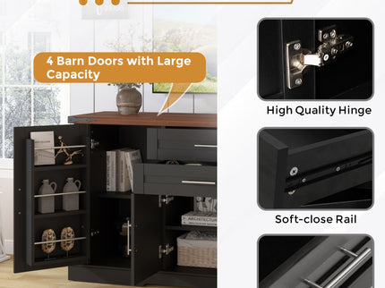 Barn Door Storage Cabinet With 2 Drawers & Door Rack, Adjustable Shelves