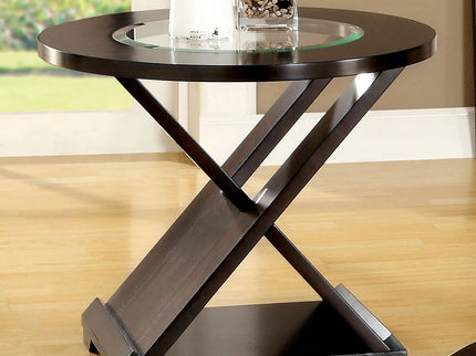 Coffee Table With Cross Design Base, Beveled Glass Top - Espresso