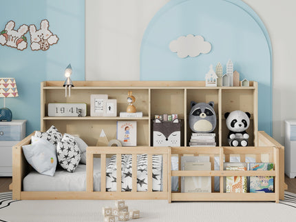 Platform Bed Frame With Guardrail, Storage Shelves & Bookshelf