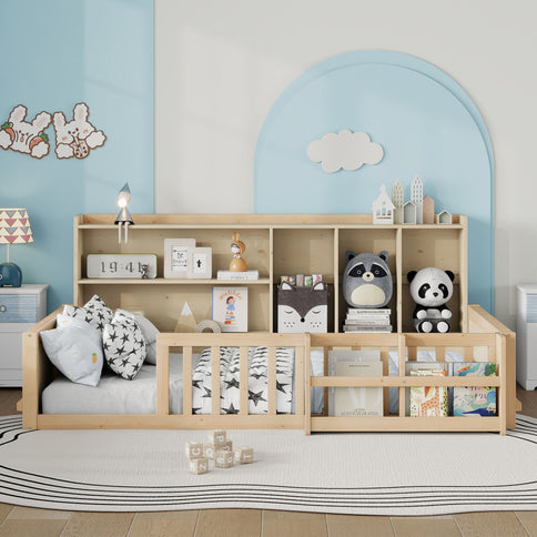 Platform Bed Frame With Guardrail, Storage Shelves & Bookshelf