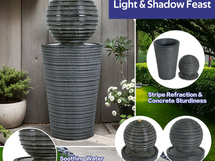 31.5" Tall Striped Column Fountain With LED Light Design For Outdoor Spaces - Gray