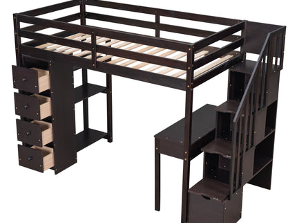 Loft Bed With Storage Drawers, Desk And Stairs With Shelves