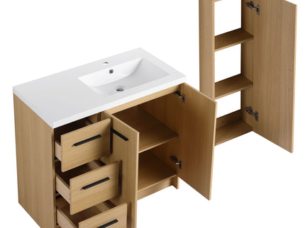 Freestanding Bathroom Vanity Set With Tall Linen Cabinet, 3 Drawers And Large Storage, Single Sink