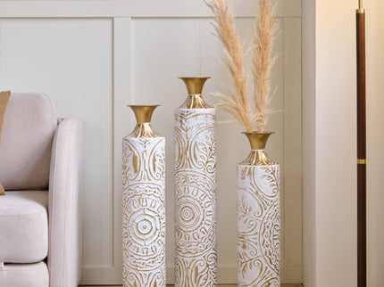 Floor Metal Vases Decorated Metal Vases (Set of 3) Gorgeous Home Decoration Large Glazed Metal Vases - White / Gold