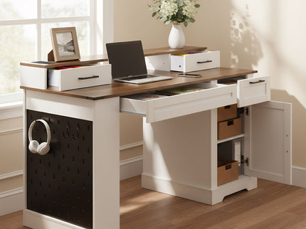 Office Desk With Storage Cabinet, Charging Station, Monitor Stand & Pegboard