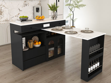 Kitchen Island With Extendable Rotating Table, 4 Drawers & Glass Door Cabinets, Built In Socket - Black