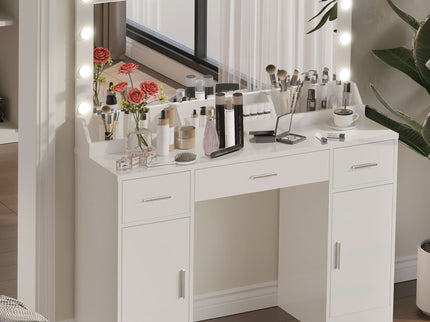 Vanity Desk With Large Mirror, 3 Colour Lighting Modes, Adjustable Brightness, Dresser With 3 Drawers & 2 Vertical Cabinets, Makeup Vanity Table For Women & Girls
