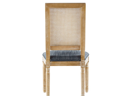 French Country Dining Chair With Rectangular Cane Backrest And Smooth Upholstered Seating