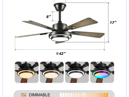 5 Blades Ceiling Fan With LED Light 3000 - 6500K Dimmable, 6 Speed Levels, Reversible Ceiling Fan - Matte Black