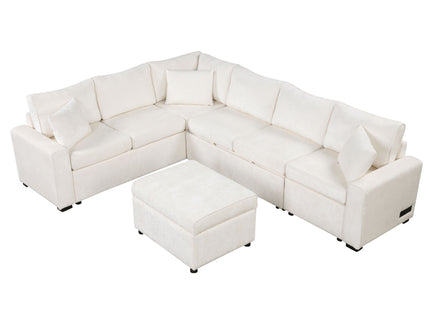 Sectional Sofa Pull-Out Sofa Bed Sleeper With A Storage Ottoman, Three Pillows And Charging Devices For Living Room