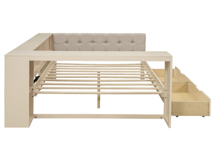 Upholstered Headboard Platform Bed With Storage Shelves, Drawers, Charging Station