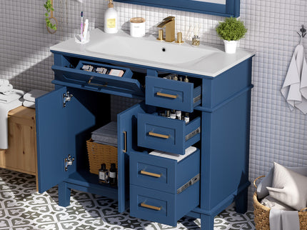 Bathroom Vanity With Ceramic Sink, Soft-Close Doors, 4 Storage Drawers - Blue