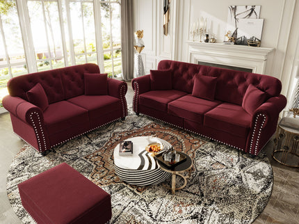 Upholstered Sofa Set With Nailhead Trim And Rolled Armrests, Includes Pillows
