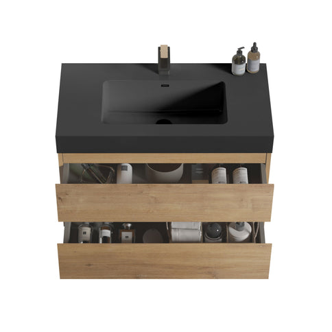 Alice - Natural Oak Bathroom Vanity With Sink, Large Storage Wall Mounted Floating Bathroom Vanity For Modern Bathroom, One-Piece Sink Basin Without Drain
