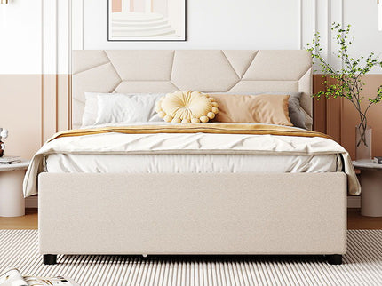 Upholstered Platform Bed With Brick Pattern Headboard And Twin Long Size Trundle