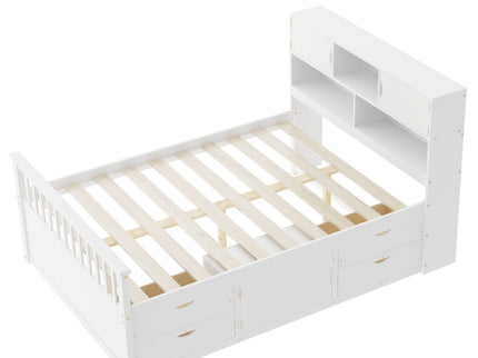 Captain Platform Bed Frame With Bookcase Headboard, 4 Drawers, Storage Shelves