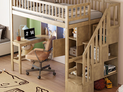 Loft Bed With Built In L Shaped Desk, LED Lights, Storage Shelves, Cabinets, And Staircase