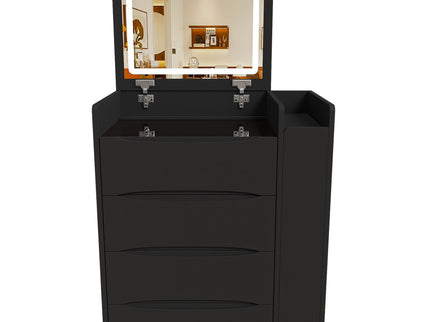 Flip Mirror Vanity Desk With Adjustable LED Lights & Stool For Bedroom