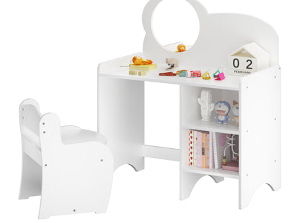 Kids Vanity Table With Mirror And Chair, Dressing Makeup Desk With Storage Shelves - White