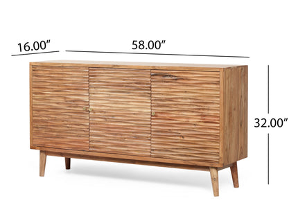 Boho Handcrafted 3 Door Sideboard, Carved Texture & Artisanal Charm - Natural