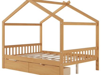 House Style Platform Bed With Headboard, Footboard, 2 Drawers, And Roof Design