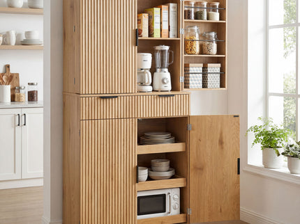 Fluted Kitchen Pantry Cabinet With 3 Keyboard Drawers & 6 Door Shelves Adjustable