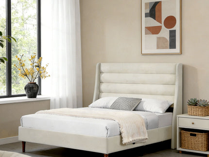 Modern Upholstered Platform Bed With Wave Shaped Headboard