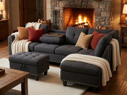 L - Shaped 3 Piece Sectional Sofa With Chaise, Storage Ottoman & Cup Holders