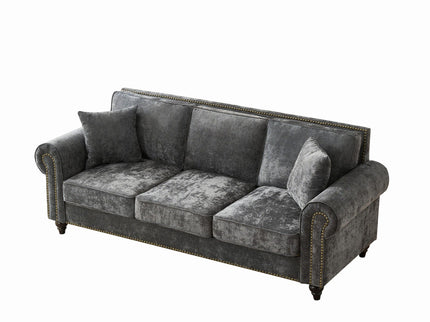 3 Seater Sofa With Tufted Upholstery, Rolled Arms, Nailhead Trim