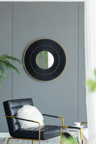 Round Carter Wooden Mirror WithIron Frame Neutral Colorway Wall Decor For Live Space