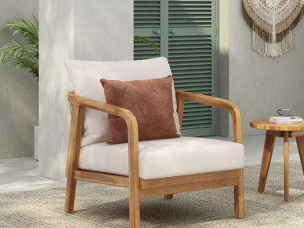 Outdoor Lounge Chair With Woven Backrest, Solid Wood Frame, Comfortable Cushions