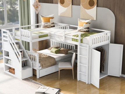 L Shaped Bunk Bed With 3 Drawers, Portable Desk And Wardrobe