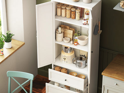 Pantry Cabinet With 2 Drawers, Freestanding Kitchen Storage Cabinet With Adjustable Shelves, Heavy-Duty Organizer For Spices, Dishware, Small Appliances - White